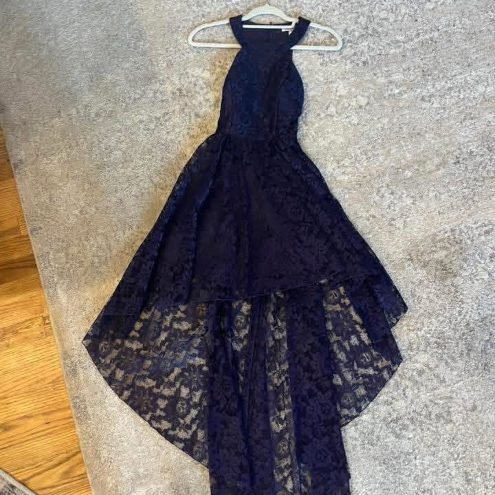 Deep Purple Lace High-Low Halter Dress